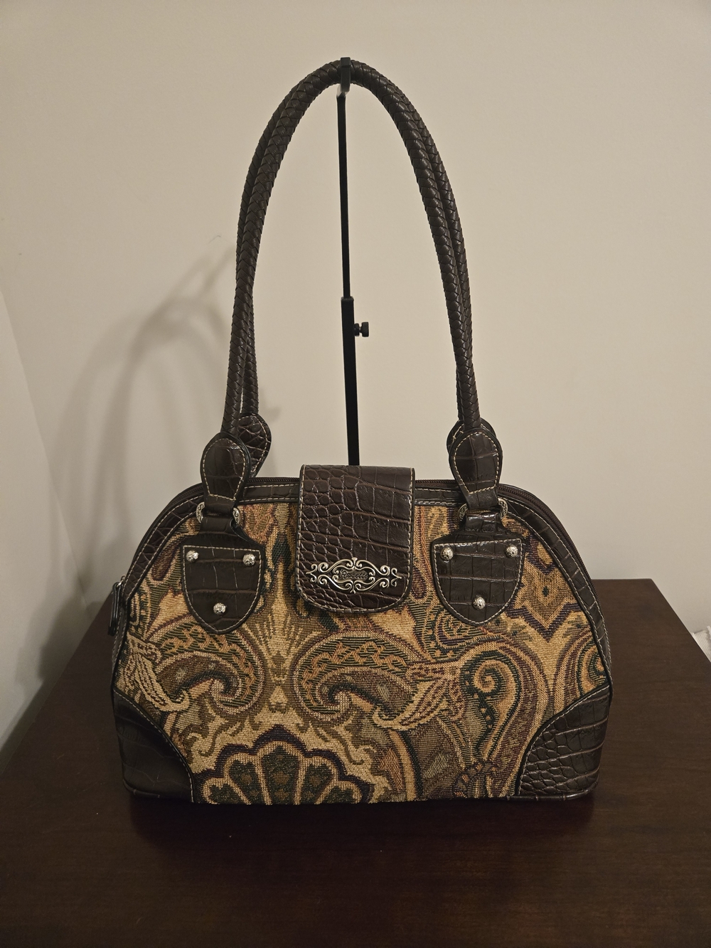 Vintage Paisley Tapestry Brown Satchel Top Handle Bag Rosetti Y2K
